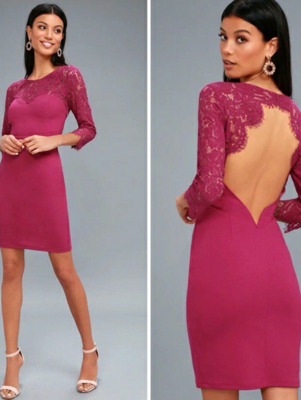 Lulus Long Sleeves All The Stars Magenta Lace Backless Bodycon Mini Dress Large